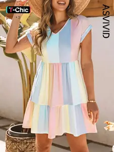 Women's Colorblock Patchwork Ruffle Hem Tee Dress, Casual V Neck Roll Up Sleeve , Everyday for Summer Ladies Daily Wear, Loose