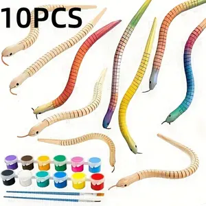 10 piece set of unfinished wooden snake models: 11.81 inches, 12 colors, 2 brushes, flexible activity simulation, animal decoration, fake snake, suitable for party decoration