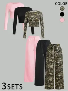 Women's Comfortable Casual Round Neck Short Sleeve Slim Fit Long Top Set, Loose Wide Leg Pants, All Season Wear