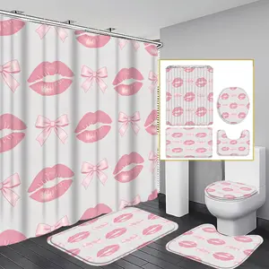 1pc/3pcs/4pcs - Lip Print & Bow Pattern Shower Curtain Set, Bathroom Mat 3pcs + Curtains 1pc, Home Decor, Easy Clean Polyester Material, Shower Essentials
