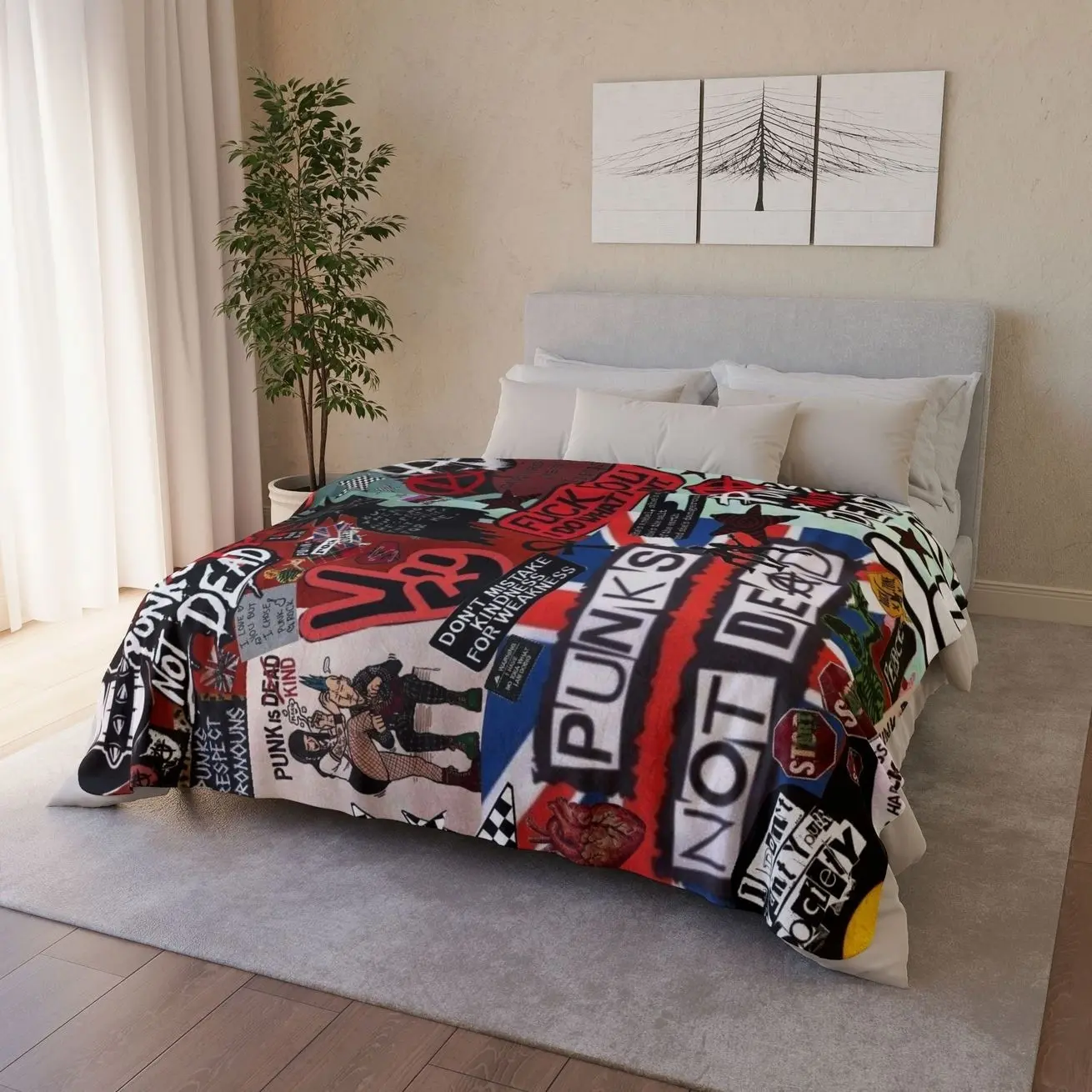 Vintage Punk Collage Flannel Blanket, Retro Rebel Grunge Graphic Fleece Throw, Alternative Rock Aesthetic Blanket for Bed Sofa Couch, Edgy Room Decor