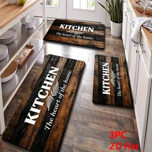 2/3pcs Soft Flannel Kitchen Floor Mat Set, Deep Wood Grain & Fern Pattern, Non-Slip, Absorbent, Rustic Farmhouse Style
