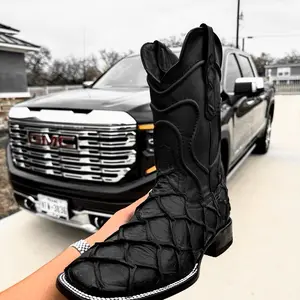 Matte Black Pirarucu Leather Boots - Square Toe Matte Black Pirarucu Leather Boots - Square Toe