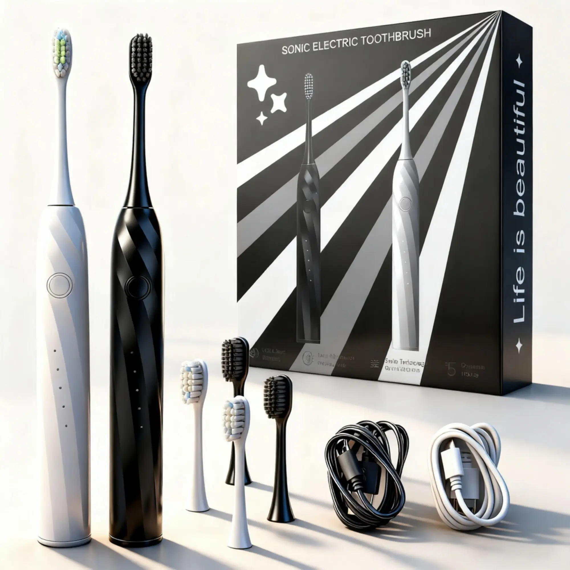 Lithium Ion Electric Toothbrush Gift Set (2-Count, Black & White) - USB-C Rechargeable, 5 Modes, 30-Day Battery, 40000 VPM, 4 Brush Heads, Portable, Timer, Sensitive Gums Care, Plaque Removal, Ideal for Couples & Gifting, Long Lasting