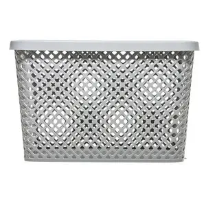 Gray Extra Large Woven-Look Plastic Storage Basket with Lid