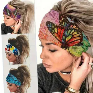 6.1*9.3 Inches 4Pcs 90% Polyester+10% Spandex Boho Wide Headbands Butterfly Stretch Button Hair Bands Bandana Yoga Running Athletic Turban Headwrap Fashion Accessories for Women
