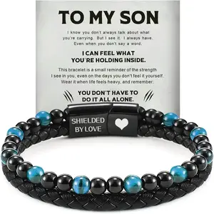 Son's Tiger Eye Protection Bracelet for Men, To My Son Bracelet from Mom Leather Black Beaded Bracelet, Handmade Cuff Inspirational Jewelry for Gift for Christmas Birthday