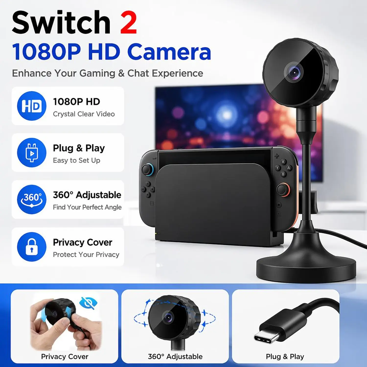 4K Webcam Streaming Camera for PC Laptop, Not for PS5, Gaming Accessories for Switch 2 Camera, 1080p@60fps, Fast AutoFocus, Fill Light, Plug & Play with Privacy Cover, Game Changer, Webcam 4K for Streaming Living,tiktokshopbacktoschool