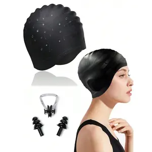 Waterproof Silicone Ear Protection Swim Cap Set, Unisex Comfortable Swimming Hat, Fashion Solid Color Bathing Cap, Beach Essential, Accessories