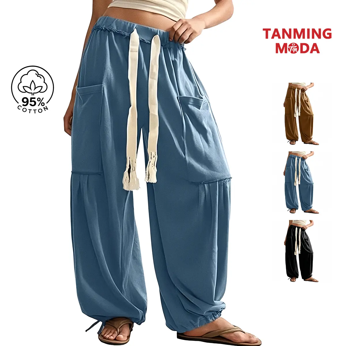 TanmingModa Women's Slouchy Baggy Harem Pants with Cargo Pockets, Casual Drawstring Bohemian Trousers Elastic High Waist Lounge Wear Everyday Outfits