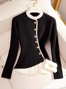 Women's Fall & Winter Knit Sweater, Vertical Ribbed Hem, Fitted Casual Style, Outerwear Pullover, Plain Pattern, Ca Prop 65 Compliant, Knitwear