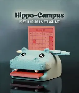 Hippo Sticky Note Holder with Stencils – Cute Desk Organizer, Post It Note Stand & Dispenser, Office Decor Gift