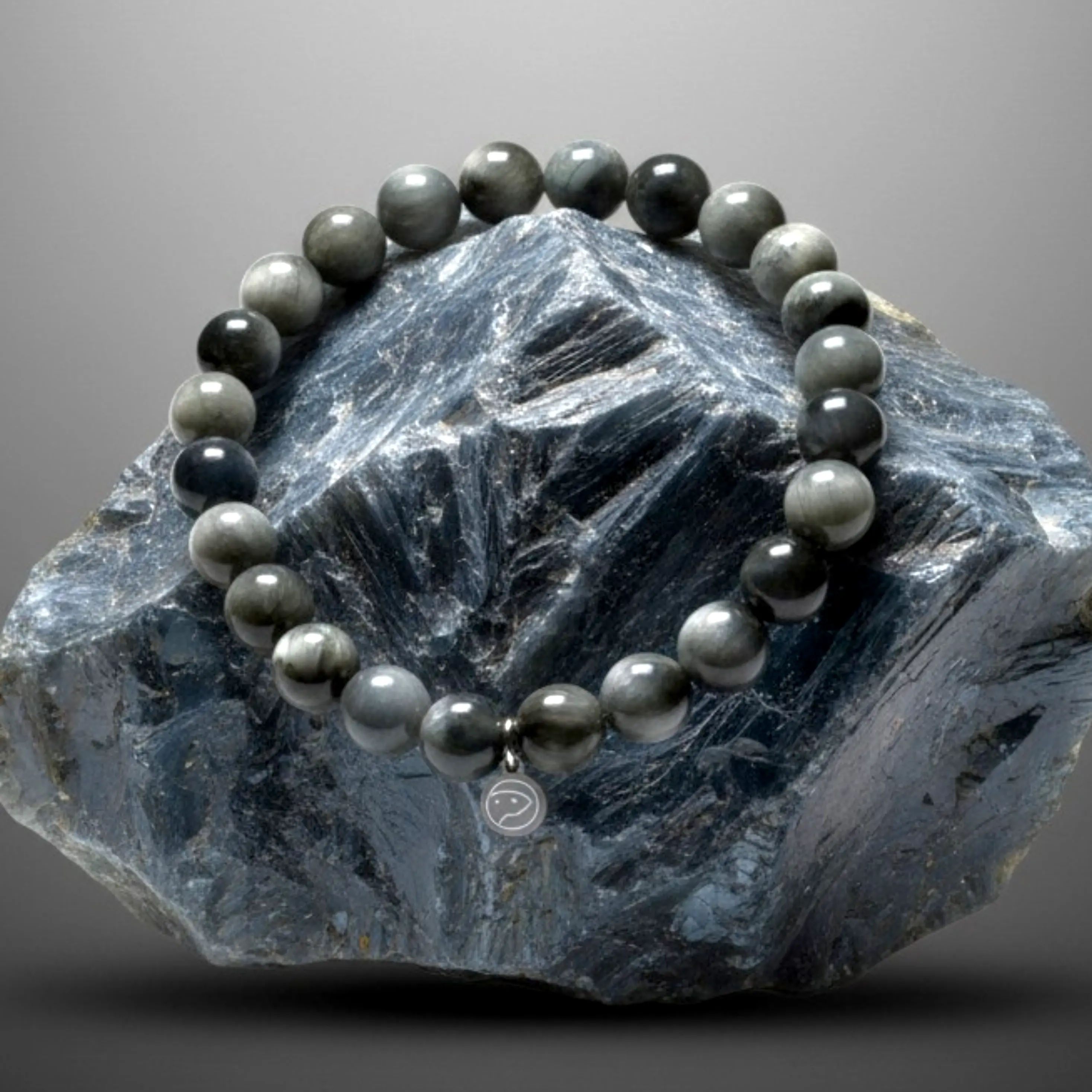 Hawk's Eye Bracelet, Otter Spirit, Women, 8mm Beads, Crystal Bracelet, Hawk's Eye, Solar Plexus Chakra, Insight, Intuition, Sterling Silver Otter Charm
