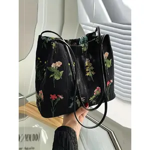 Random Floral Embroidered Canvas Shoulder Bag, Fashionable Large Capacity Tote Bag For Women, Trendy Women's Shopping Bag, Canvas Crossbody Bag