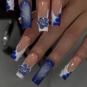 24pcs Long Rectangle French Style 3D Blue Flower Gel Nails, Silver Beads Design, Perfect Fit Acrylic Press on Nail Set, Nail Kit Set
