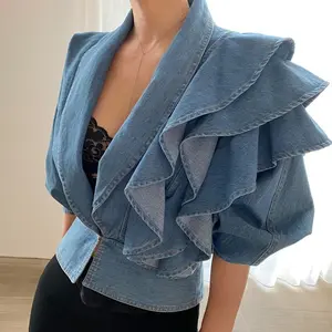 Women's washed light blue V-neck cropped denim jacket, design sense ruffled long sleeve waist cinched denim cardigan