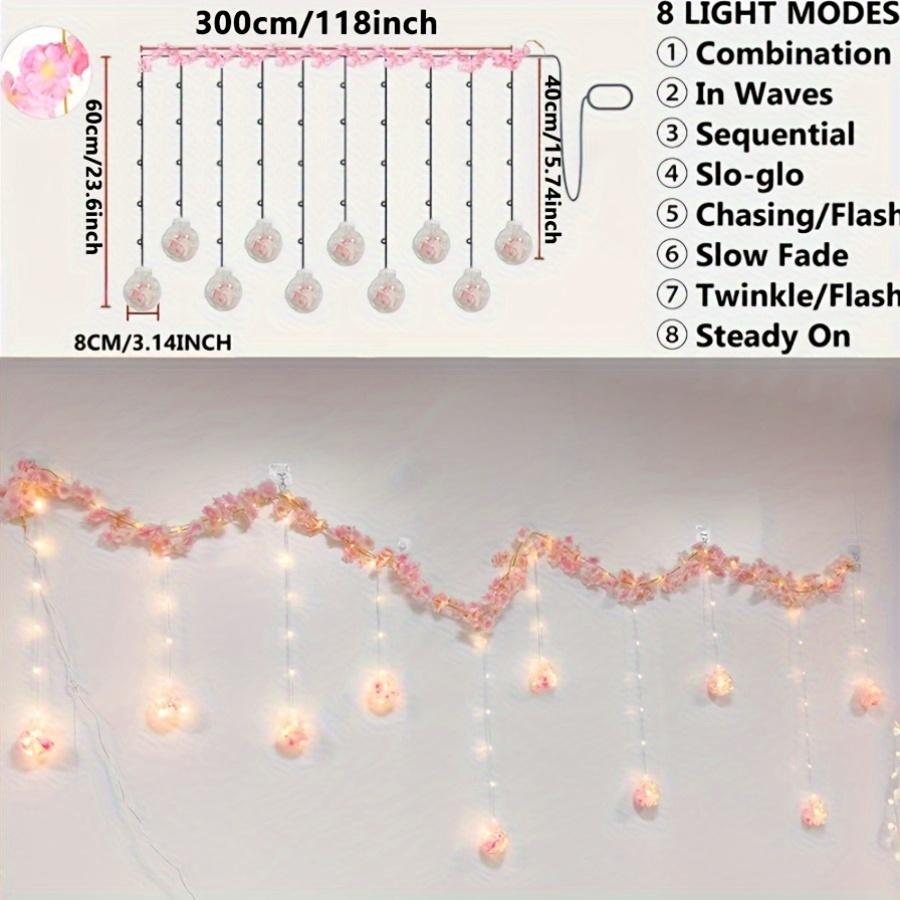 Cherry Blossom and Wisteria Wish Ball String Lights, 118 inches long, USB-powered, comes with a remote control, features 8 lighting modes, and includes 108 LED bulbs and 10 round bulbs. Perfect for Mother’s Day and indoor holiday decorations.