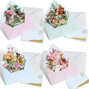 4pcs 3D Pop-Up Flower Greeting Cards with Envelopes & Labels - Perfect for Birthdays, Anniversaries, Thanksgiving, Mother's Day, Father's Day & All Occasions
