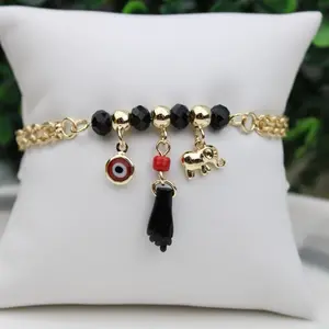 Gold Plated Bracelet 7.5" with Evil Eye Charm Elephant, for Women's Fashion Jewelry / pulsera en Oro Laminado