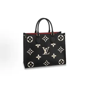 Pre-owned Louis Vuitton Calfskin Tote Bags MM Onthego Tote Bag Black Giant Monogram Embossed Leather Womens Handheld Shoulder Commute Shopping Bag