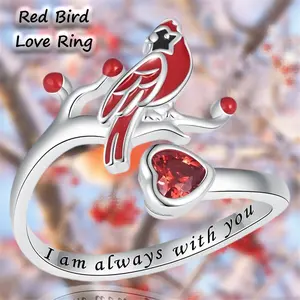 Exquisite Elegant Northern Cardinal & Heart Open Adjustable Alloy Ring | Symbol of Love Handmade Unisex Jewelry Gift for Him/Her | Unique Bird-Inspired Design, Romantic & Versatile Accessory for Couples, Anniversary, Birthday
