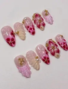 Mermaidcore Press On Nails Set Cherry Blossom Shell 3D Pearl Star Gold Handmade Gel Pink Transparent Nails for Holiday, Birthday
