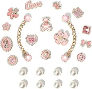 Pink Shoe Charms for Girls – 26pcs Cute Bow, Heart, Bear, Pearl & Gold Chains for Clogs/Crocs