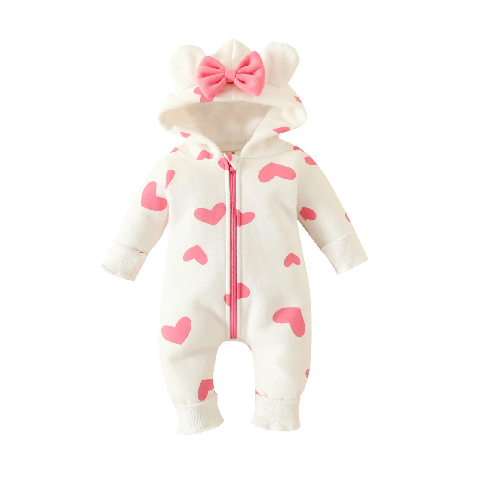 Baby Girls Romper Winter Warm Infant Baby Jumpsuit Romper Bear Ear Snowsuit Newborn Hooded Romper Warm Coat Heart/Cow Pattern Long Sleeve Zipper Butto