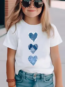 Girls Denim & Glitter Blue Hearts Graphic T-Shirt, Short Sleeve Crew Neck Casual Love Tee