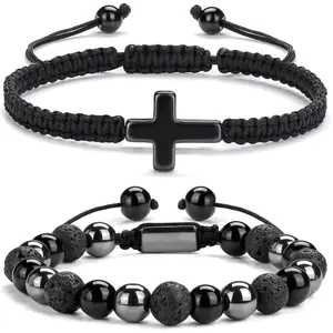 2 pcs Cross Beaded Bracelets for Men,8mm Black Obsidian Tiger eyes Hematite Mens Triple Protection Bracelet Set Fathers Day Birthday Jewelry Gifts