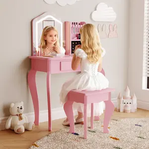 Kids Vanity with Lighted Mirror, Toddler Vanity Table and Chair Set, Girls Makeup Playset
