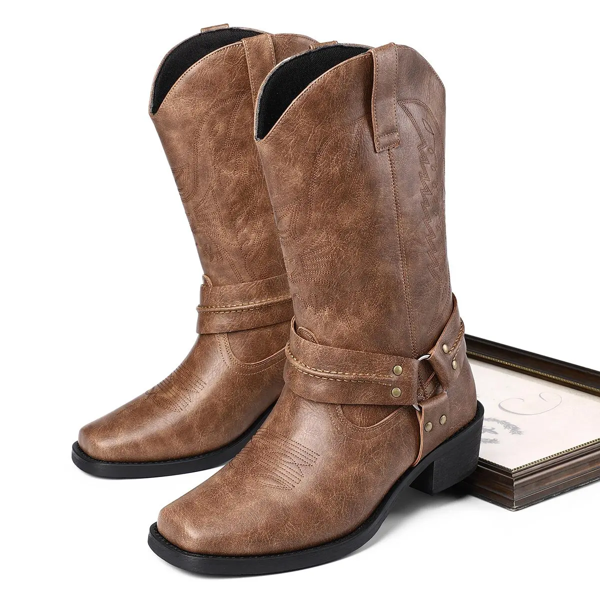 American Vintage Denim Boots - Premium Cowhide Leather High-Rise Ankle Design Non-Slip Sole Western Style Casual Wear