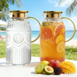 2 Quart (2 Liter 68 oz) Vintage Glass Pitcher with Lid and Spout, Water Pitchers with Handle for Fridge, Borosilicate Glass Carafe for Hot/Cold Drink, Large Jug for Iced Tea, Coffee, Beverage, Cold Fruit Dispenser