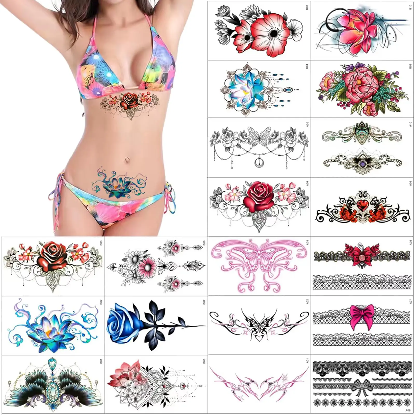Sexy Flowers Temporary Tattoos 20 Sheets Large Flowers Butterfly Lace Navel Tattoo Stickers Bust Stomach Butt Legs Arms Lower Back Fake Waterproof Tattoos for Women campingessentials