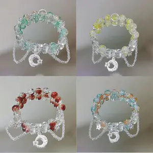 HANHAI Moon Star Charm Beaded Bangle for Females, Y2K Aesthetic Glitter Glass Bead Stackable Bracelet with Layered Chain, Cute Dainty Elastic Everyday Wrist Jewelry, Fashion Birthday Party Gift men accessories chunky gf elegant unisex woman teen girl gift