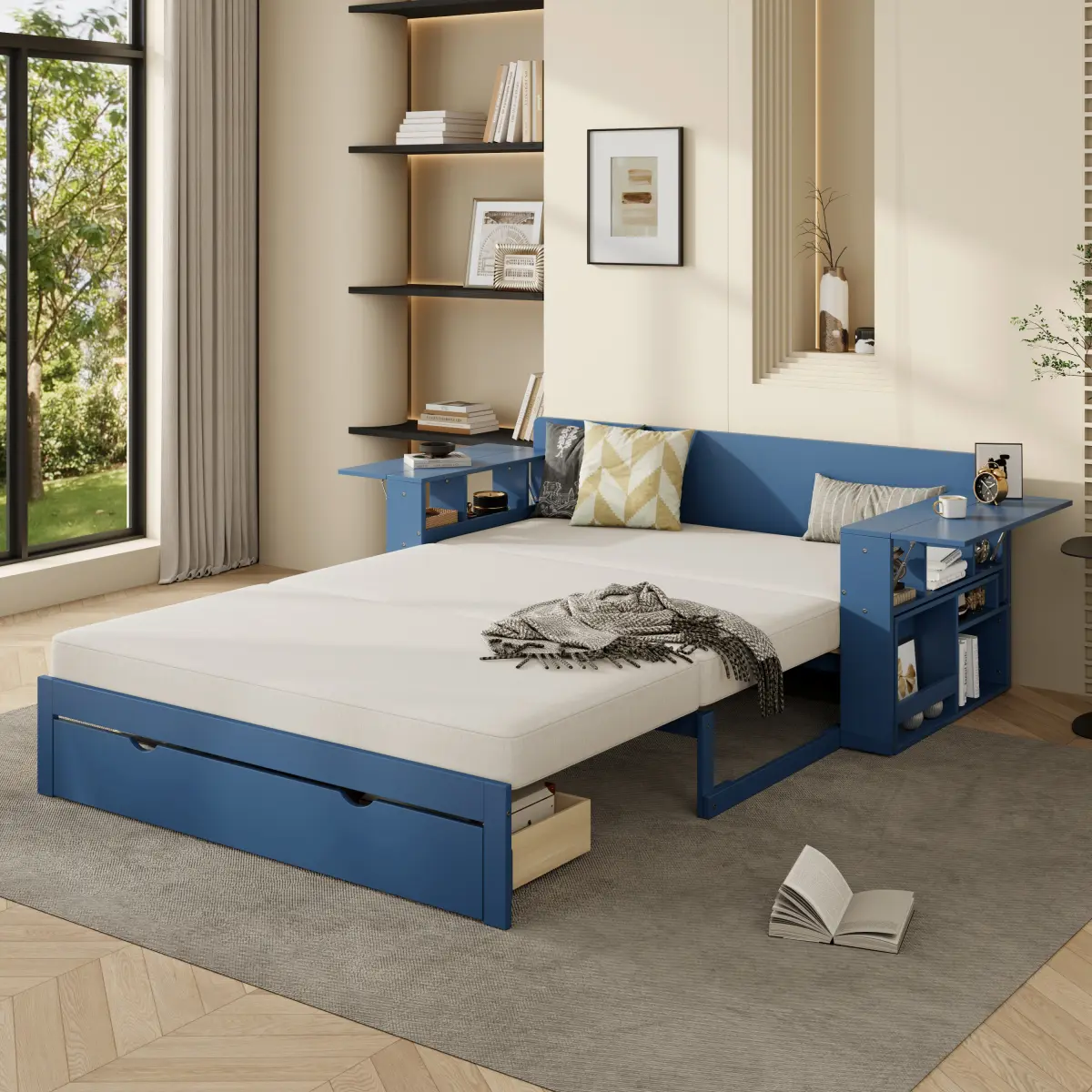 Multifunctional Modern Full Size Extendable Daybed with Trundle, 2 Storage Drawers and Removable Desk, Platform Sofa Bed Frame for Teens/Adults, No Box Spring Needed