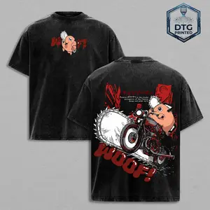 Chainsaw Man T-shirt - Retro washed loose heavyweight cotton anime/cartoon top, cute dog chainsaw demon retro street style print top, fan-customized gift.