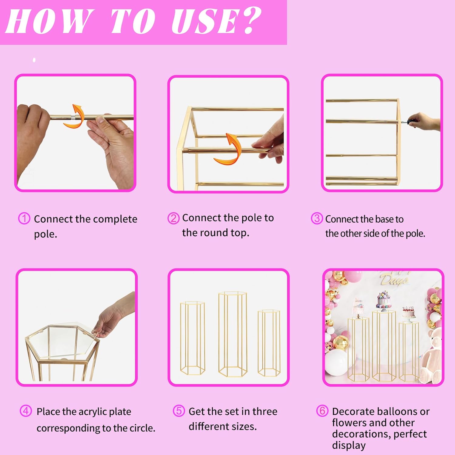 3PCS Cylinder Pedestal Stands for Parties, Hexagon Gold Metal Plant Round Cylinder Stands for Party Flowers, Display Columns Pedestal Stand Cylinder Tables for Vases Birthday Party Backdrop Decorations