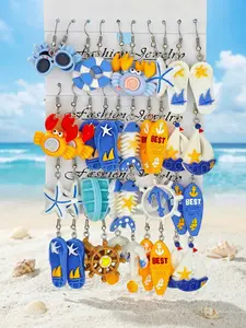 10-Piece Ocean Series Resin Earrings Set, Boat Starfish Fishbone Swim Ring Crab Slipper Elements, Cute Blue Women's Jewelry, Ocean Vibes Dangles