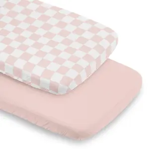 Sweet Jojo Designs 2-Piece Baby Bassinet Sheets Set (Pink Gingham Checkered Plaid) for Girls, Infant Newborn Nursery, Oval, Rectangle & Hourglass Mattress (Solid Blush & Vintage, Classic Checkerboard)