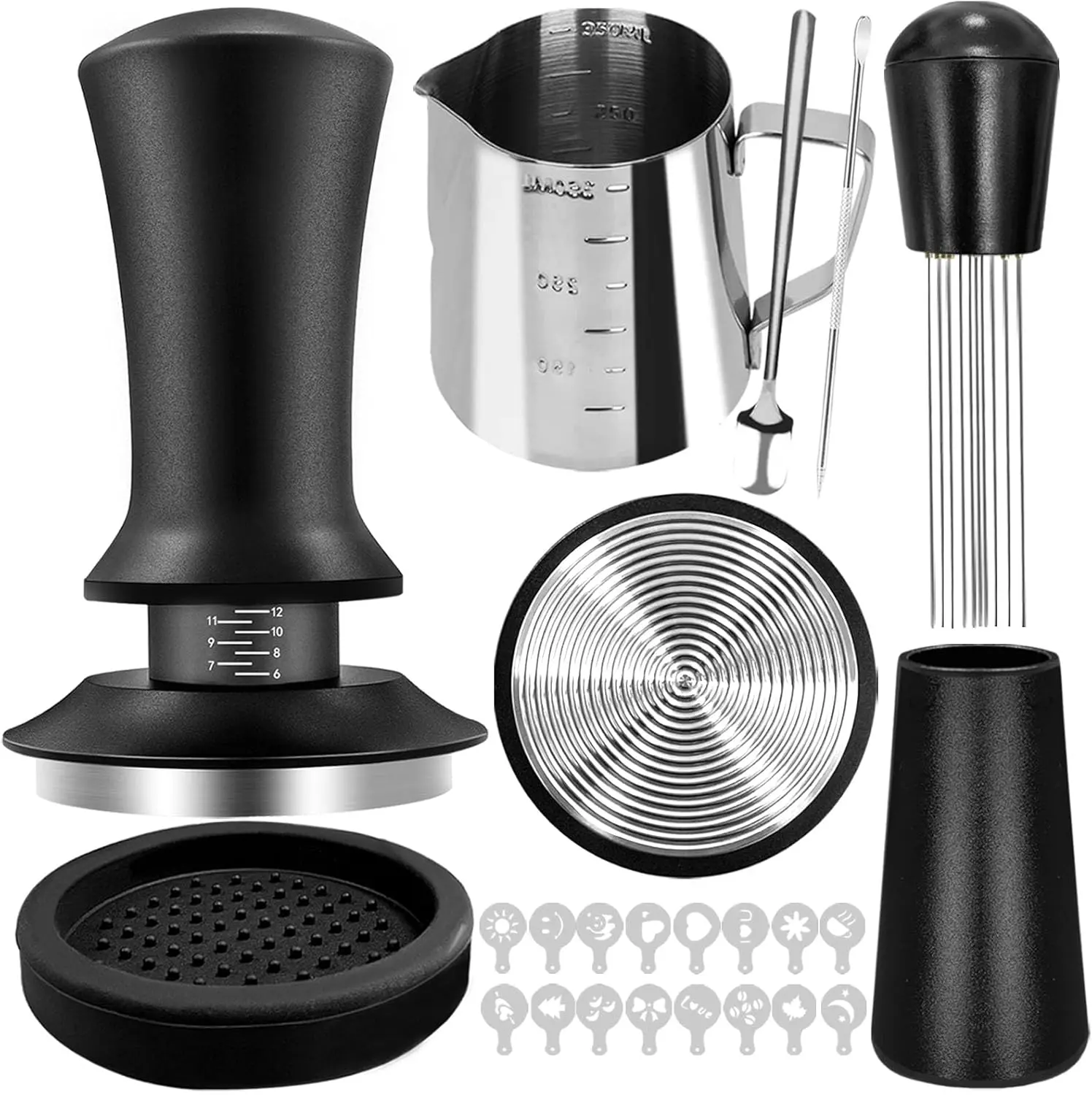 22 count Coffee Tamper Set, Espresso Accessories Tampers kit Barista Tools with 51mm Espresso Tamper, WDT Tool, Frothing Pitcher, Coffee Stirrer, Latte Art Pen, Tamper Mat, 16 Coffee Stencils