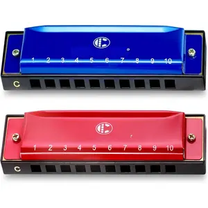 Blues Harmonica (2pcs), Diatonic Set Key of C, Brass Reeds, Blue & Red, Modern Style, Polished Finish, Case Included