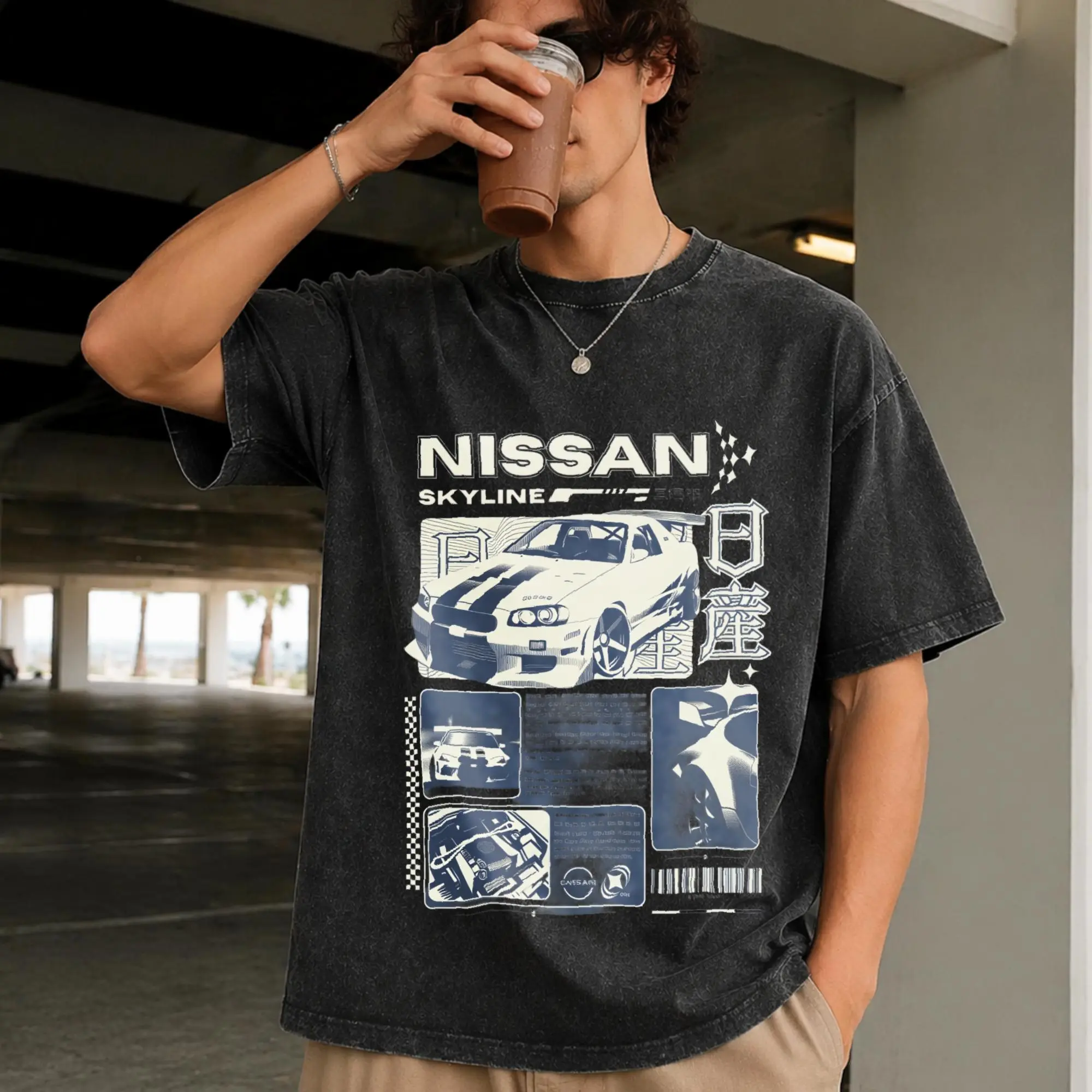 Vintage JDM Sports Car Graphic Washed Denim T-Shirt Skyline Men's Graphic Tees Streetwear Outfits Men Vacation Outfits Oversized Tshirt Men S-5XL Extra Large
