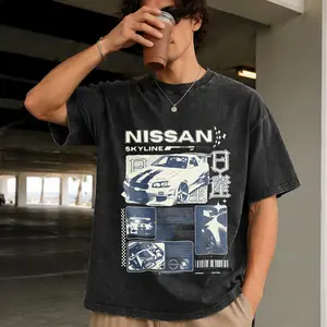Vintage JDM Sports Car Graphic Washed Denim T-Shirt Skyline Men's Graphic Tees Streetwear Outfits Men Vacation Outfits Oversized Tshirt Men S-5XL Extra Large