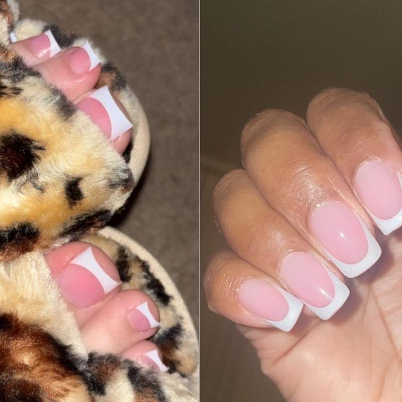 312Pcs Glossy Short Square White French Manicure Fake Nails Set For Hands & Feet,  Pink French Press On Nails,  Full Cover Detachable DIY Nail Art Decorations Suitable for Daily wear by women and French Tip Nails