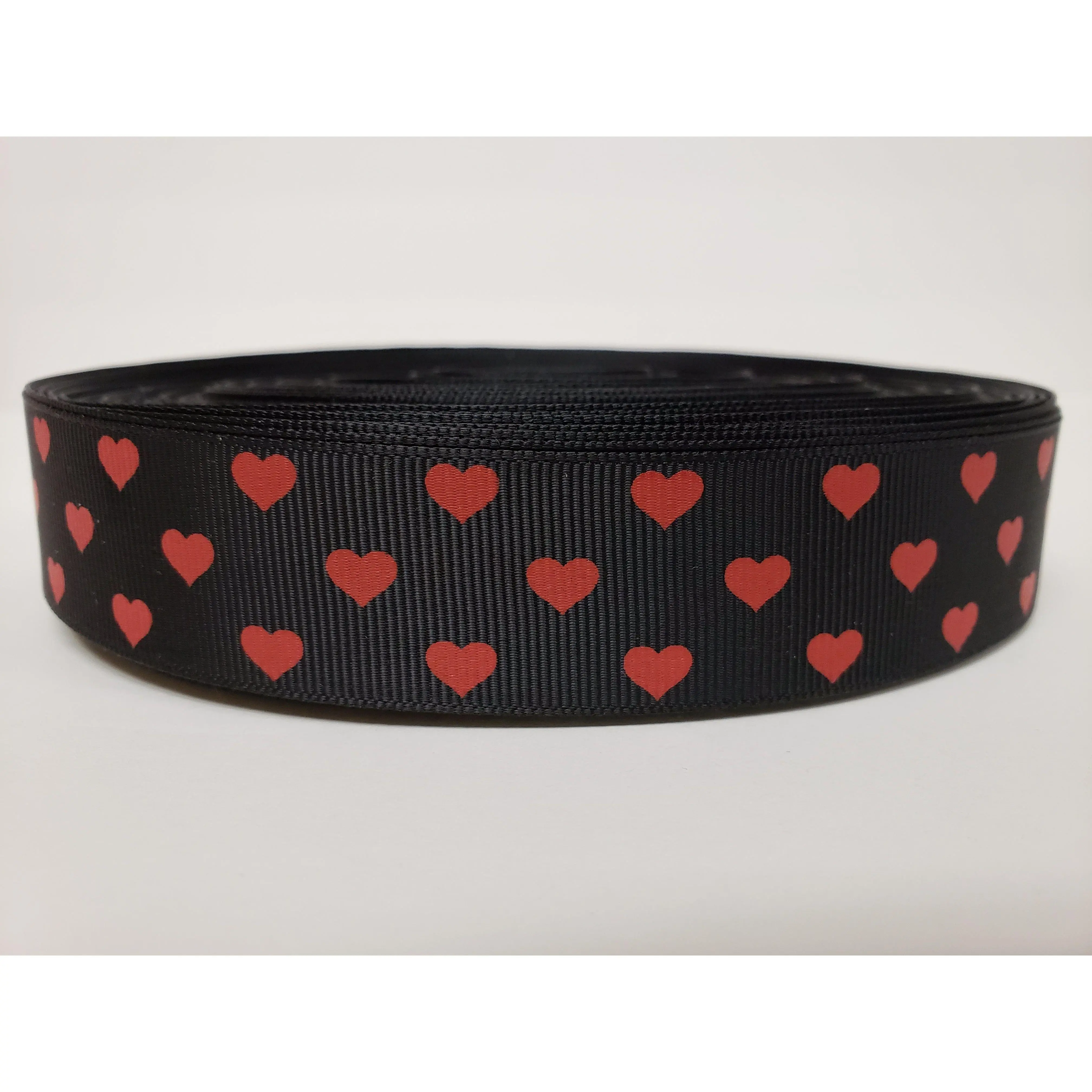 Valentine's Day - Red Hearts - Black Grosgrain Ribbon 1" Width - By the yard