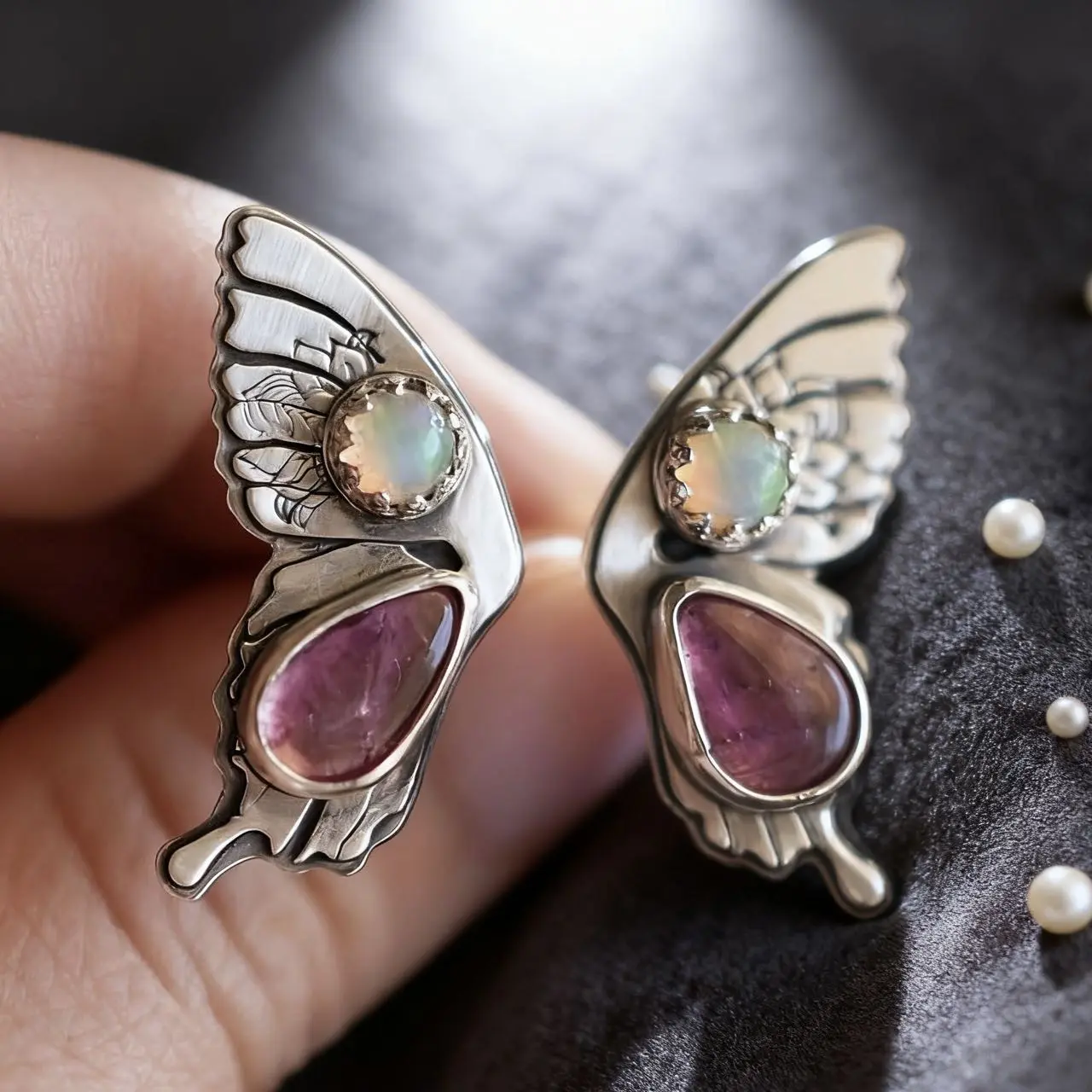 Women's Adjustable Open Band Fashion Ring - Eco Alloy, Viral Butterfly Design, Opal & Ruby Inlaid, Shiny Finger Jewelry for Dating, Holiday Gifts (Costume Accessories)