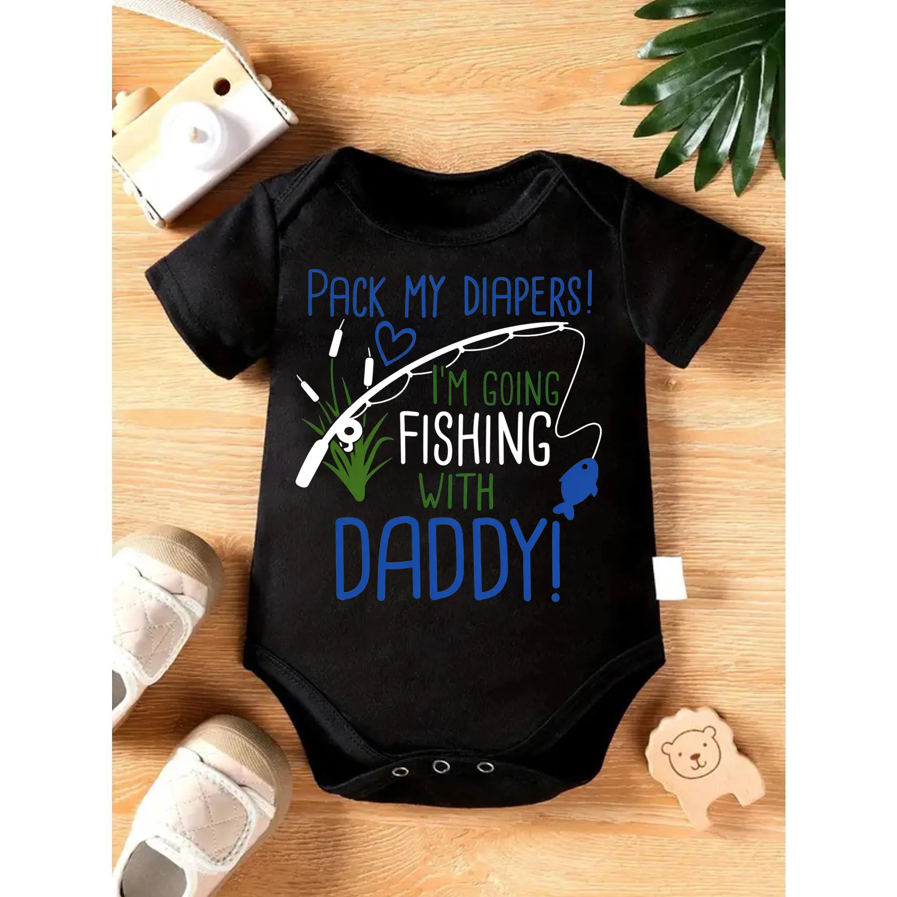 Newborn Baby Bodysuit, "Going Fishing with Daddy" Graphic Print, Soft Cotton Blend Short Sleeve Onesie with Expandable Shoulders, Fish, Snap, Elastane, 0-3M