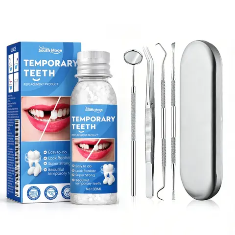 Moldable False Teeth Repair Kit with 4 Stainless Steel Dental Tools Set, 2PC Denture Repair Beads, Temporary Cavity Fillings, Ideal for Those Needing Quick Temporary Solutions