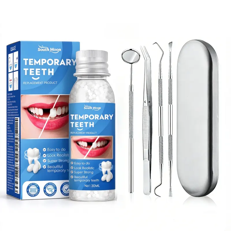 Moldable False Teeth Repair Kit with 4 Stainless Steel Dental Tools Set, 2PC Denture Repair Beads, Temporary Cavity Fillings, Ideal for Those Needing Quick Temporary Solutions